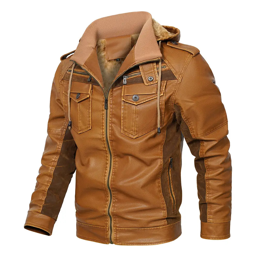 Chaqueta de invierno de forro polar de PU para hombre con capucha, de cuero sintético color camel, con paneles oscuros contrastantes de color marrón y cuello acanalado.