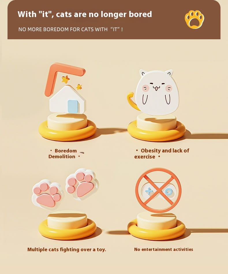 White cartoon cat figurine with pink cheeks and a yellow paw standing on a circular orange base in an interactive bird cat toy automatic sounding plush sparrow.
