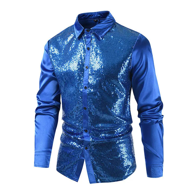 Ein lebhaftes königsblaues Herren-Slim-Fit-Paillettenkleid für Partys mit Satinärmeln und -kragen sowie Knopfleiste.