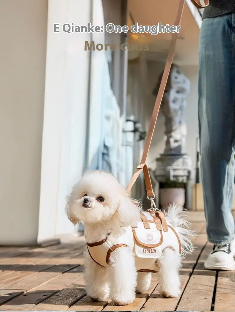 A cream-colored leather-strap dog harness with a small front pocket and stitched detailing featured as part of a portable pet crossbody handbag mesh dog carrier.
