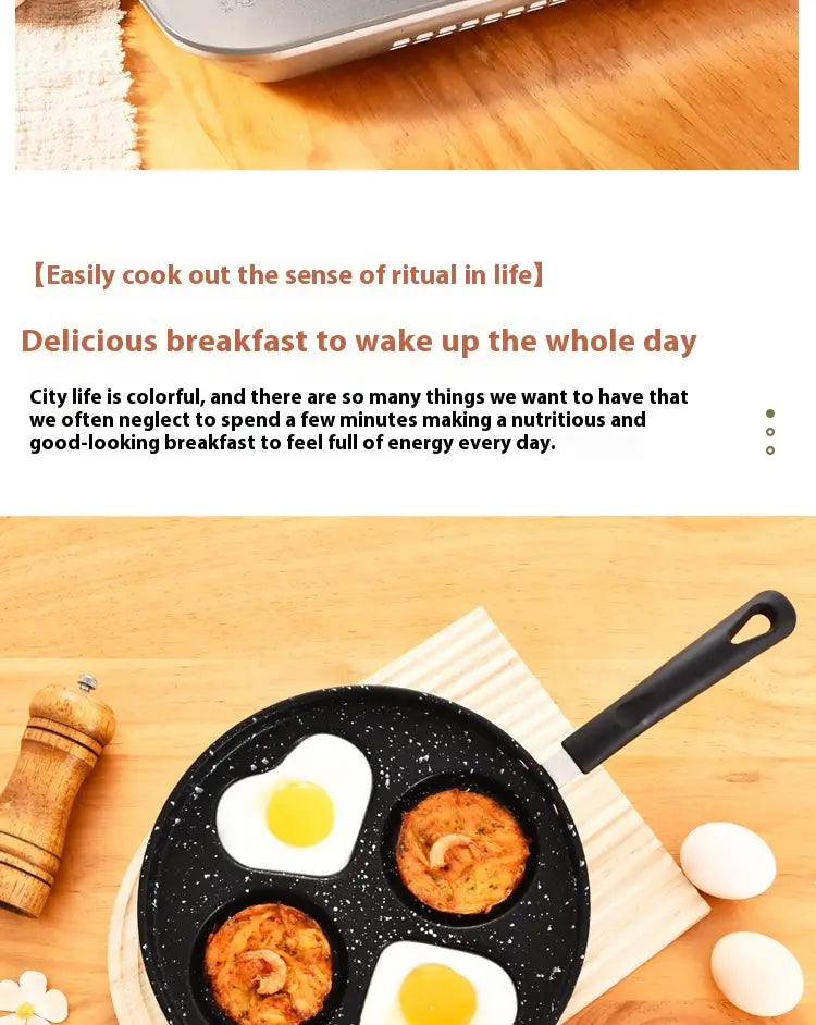 Black speckled non-stick breakfast pan with heart-shaped and round cooking compartments made of medical stone for pancakes measuring 25cm.