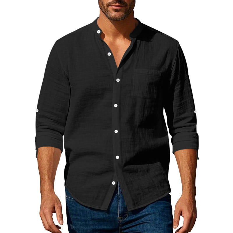 Men’s casual linen stand collar long sleeve shirt in black with white buttons and rolled cuffs.