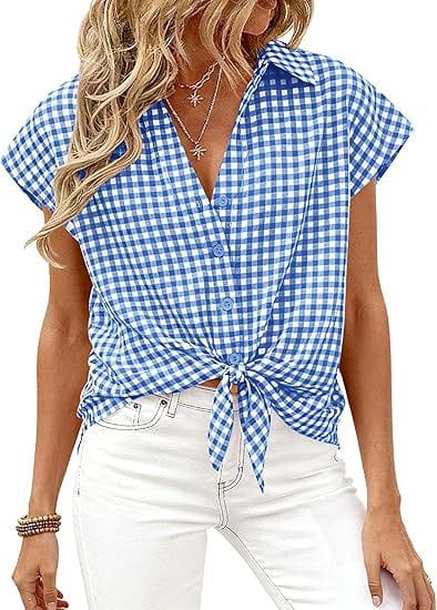 blue and white gingham plaid button up blouse with short sleeves and front knot detail made of lightweight fabric