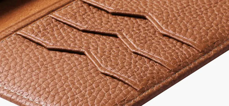 Brown textured leather card holder with embossed zigzag pattern designed as a leather wallet case for iPhone 16 15 14 13 12 11.