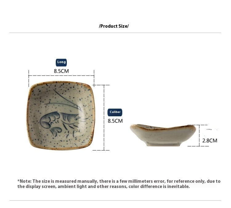 Square-shaped Japanese style ceramic sea creature sauce dish with speckled beige glaze and hand-painted blue shrimp design.