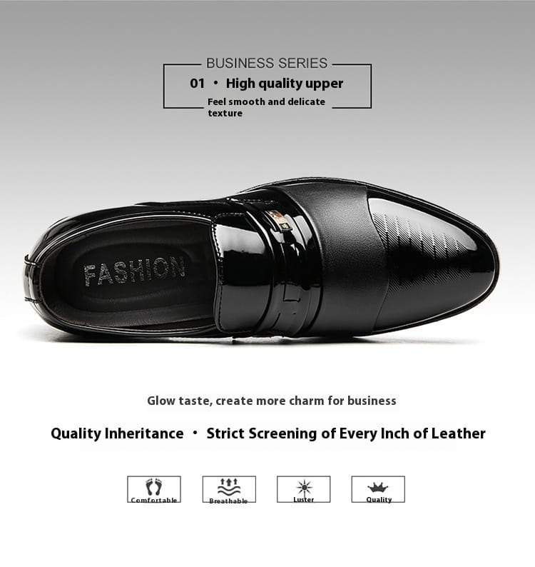 Men’s black patent leather lace-up dress shoes with glossy finish and gold-tone buckle for business and formal wear