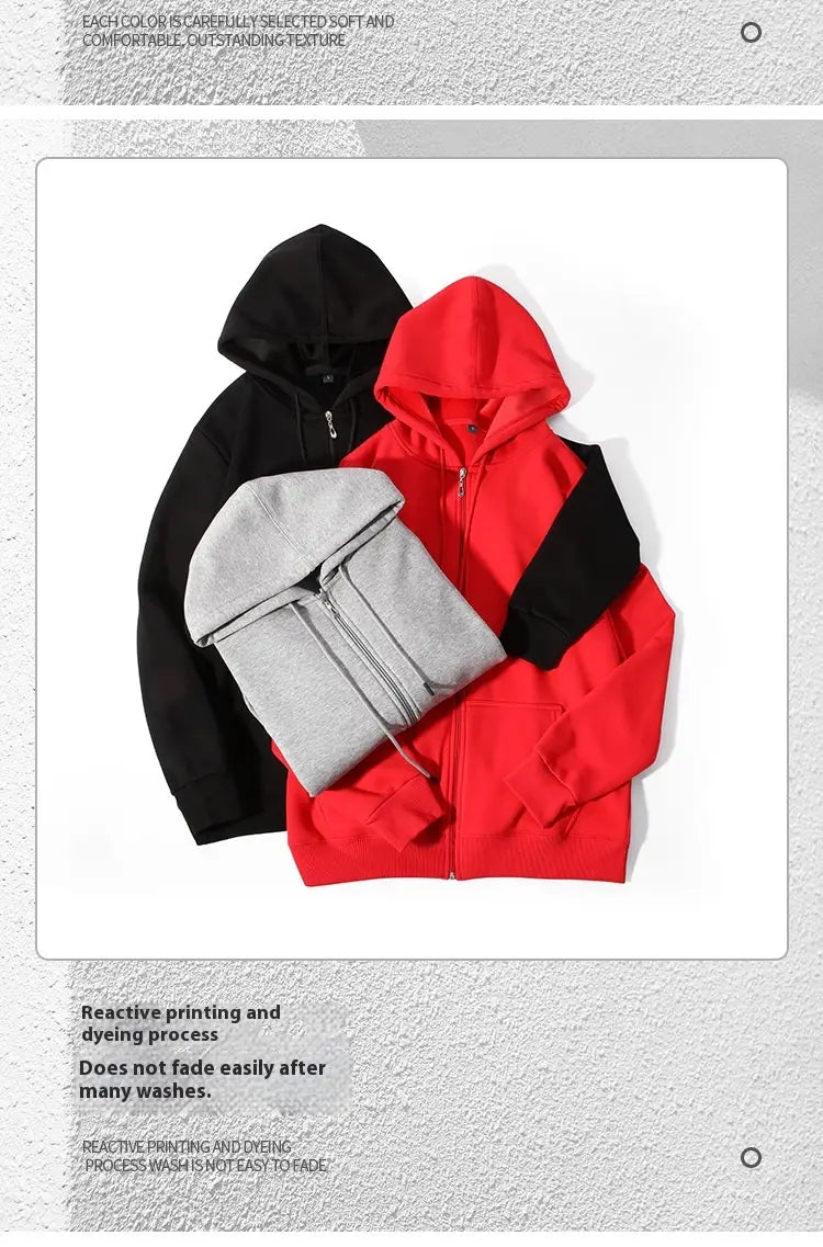 Herren-Schwergewichts-Fleece-Zip-Hoodie in Übergröße in Rot und Schwarz mit einer grauen, über die Vorderseite gelegten Kapuzen-Sweatshirt-Variante.