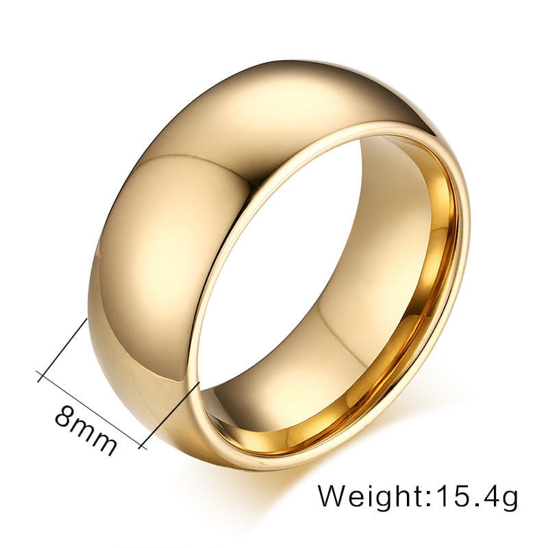 Polished gold tungsten steel couple wedding band with a smooth and classic rounded design.