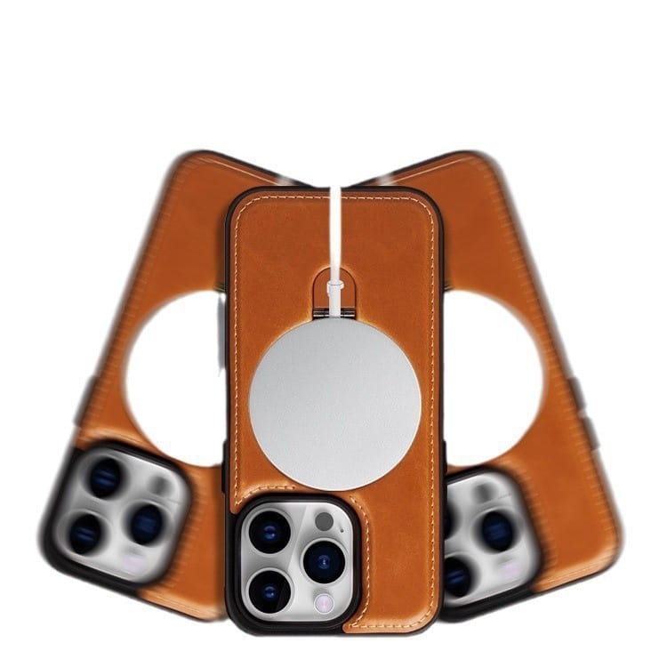 Iphone 16 Pro Max magnetic leather case in brown showing the back side with a circular magnetic mirror attached for added convenience.