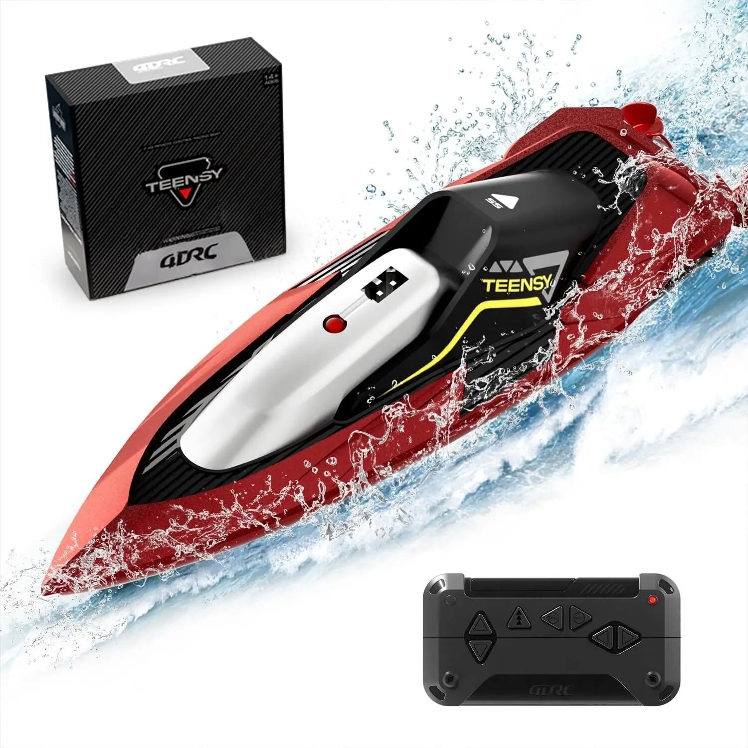 Bateau à moteur télécommandé rouge et noir avec des accents blancs et un design épuré, arborant le logo de la marque Teensy pour la course rapide et une utilisation en extérieur par des enfants.