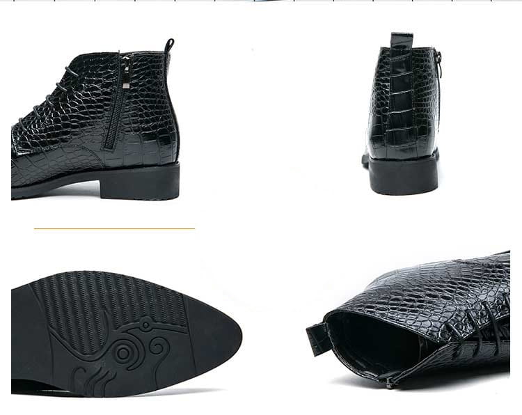 Bottine en cuir à effet crocodile embossé, bout pointu, fermeture éclair latérale et semelle texturée.
