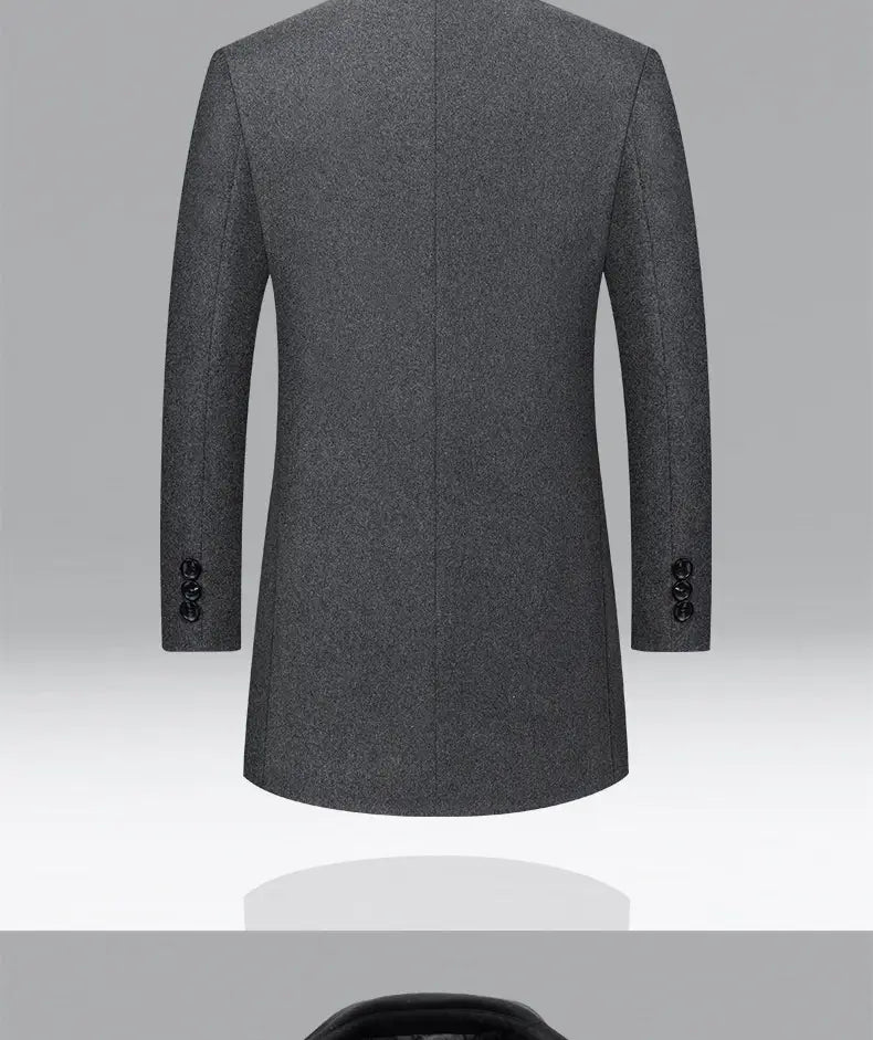 A sleek dark gray men woolen overcoat with a classic tailored fit, quilted lining, and three black buttons on each sleeve cuff.