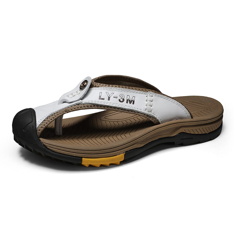 men’s leather beach sandals outdoor sport flip flops featuring white and brown leather with a black rubber toe cap and yellow accent on the sole branded ly-3m.