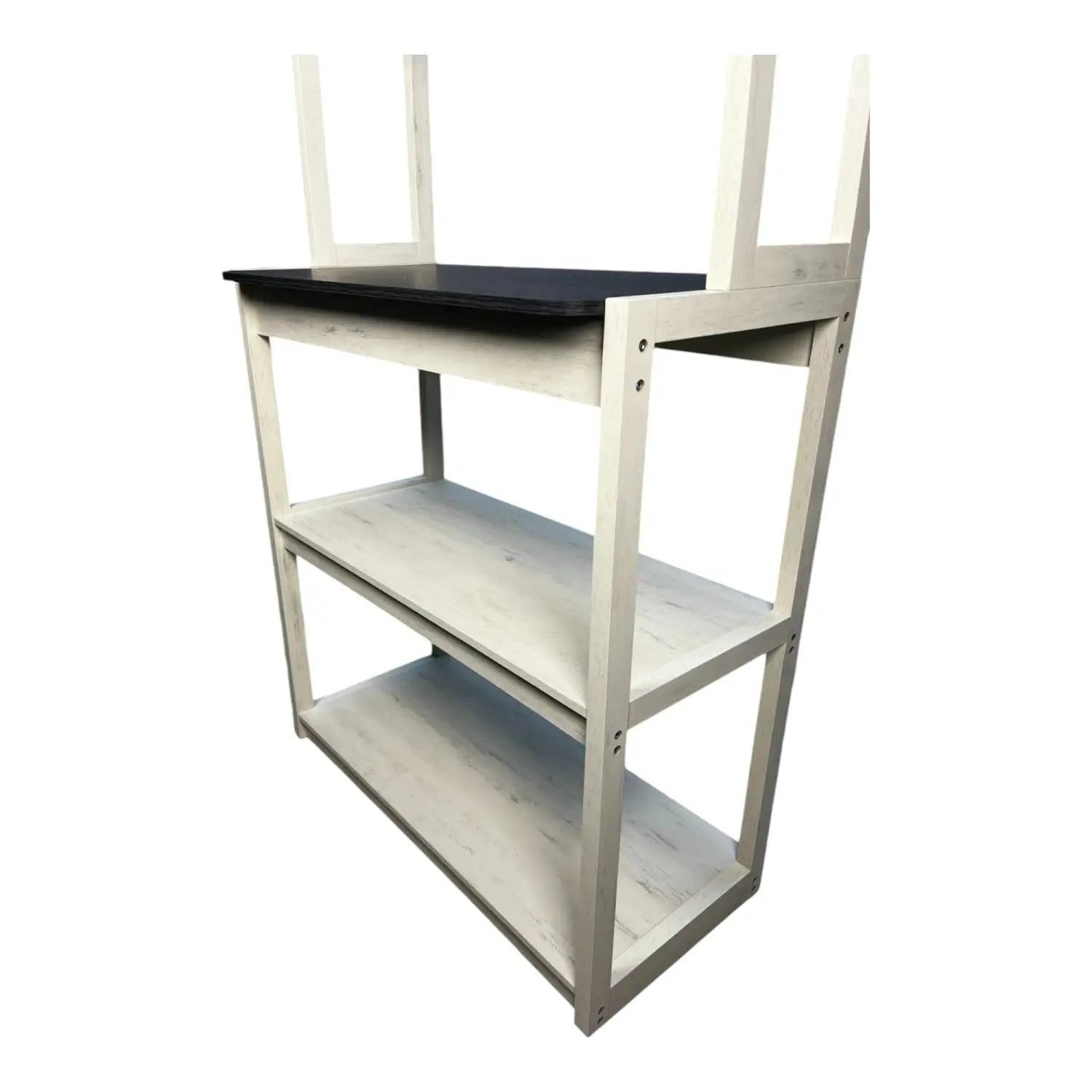white wooden 3-tier shelving unit with black countertop for kitchen baker rack and microwave stand in white and black