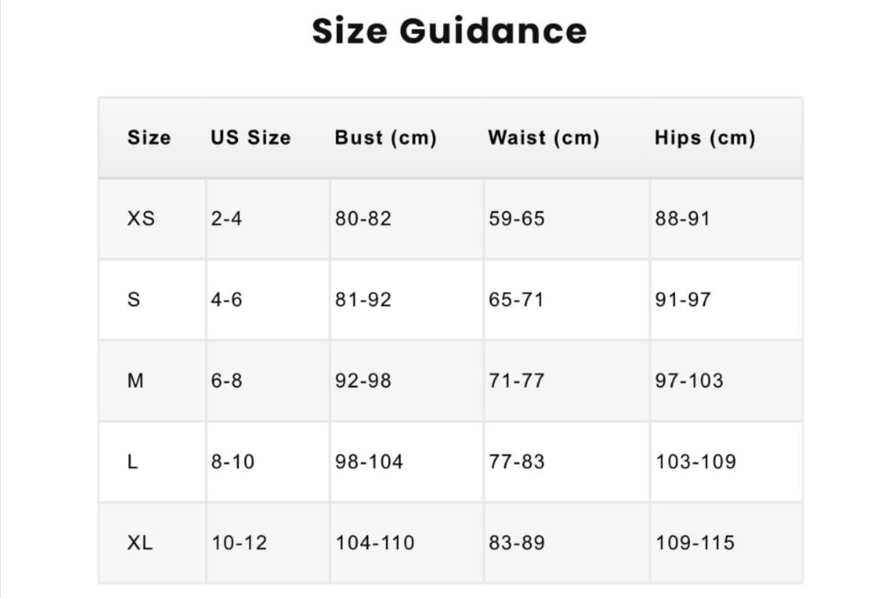 Size guidance chart for asymmetrical ruffled chiffon halterneck evening dress displaying measurements in centimeters for bust waist and hips alongside US sizes.