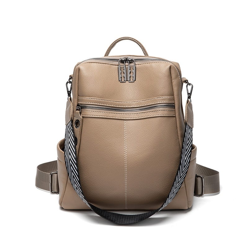 Beige urban faux leather backpack with silver zippers and a striped herringbone shoulder strap.