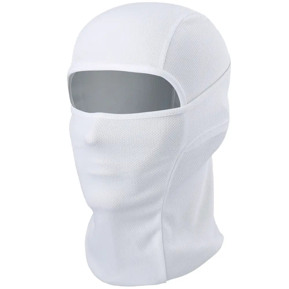 white breathable motorcycle balaclava with mesh and solid fabric face covering and eye openings for sun protection