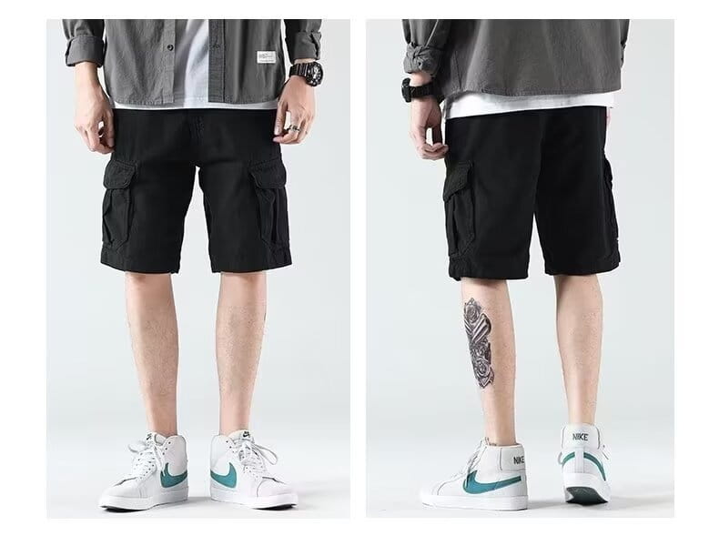 Men’s relaxed fit black cargo shorts featuring multiple pockets designed for casual and functional use.