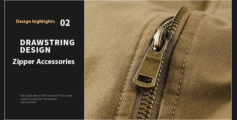 Men cotton shearling bomber jacket featuring a bronze-toned metal zipper with a sturdy pull tab set into khaki fabric.