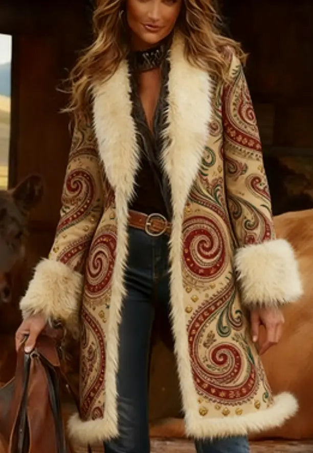Damen-Wollmantel in Creme mit einem Paisley-Muster in Rot und Grün, mit flauschigem weißem Kunstfellbesatz am Kragen, an den Bündchen und am Saum.