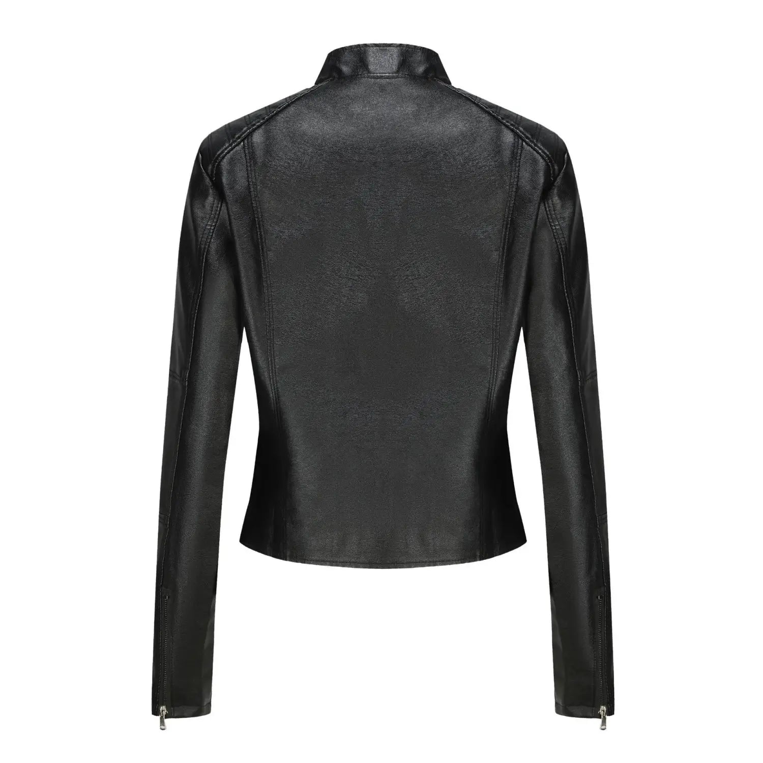 Veste motard en faux cuir noire avec col montant, présentant une coupe ajustée élégante et des détails de fermeture éclair sur les manches