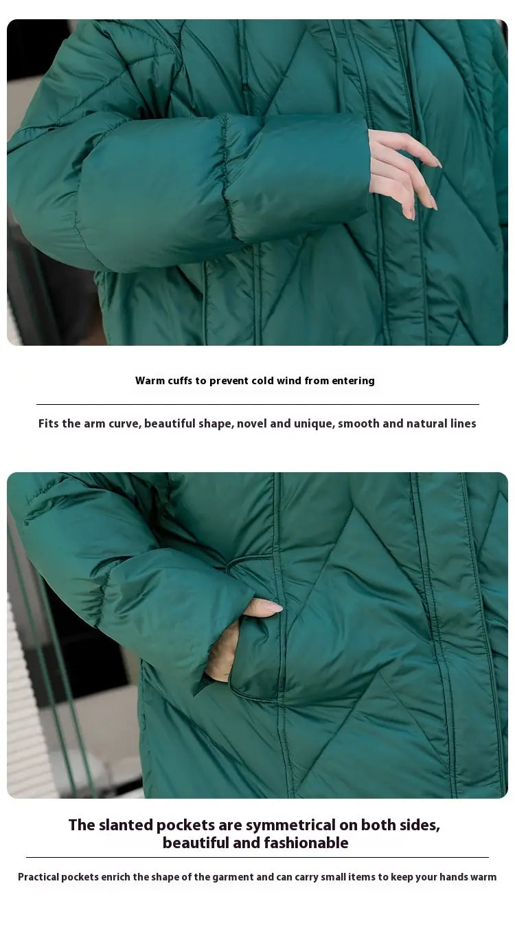 Women mid length padded down jacket in deep green quilted design with padded cuffs and slanted pockets for winter wear.