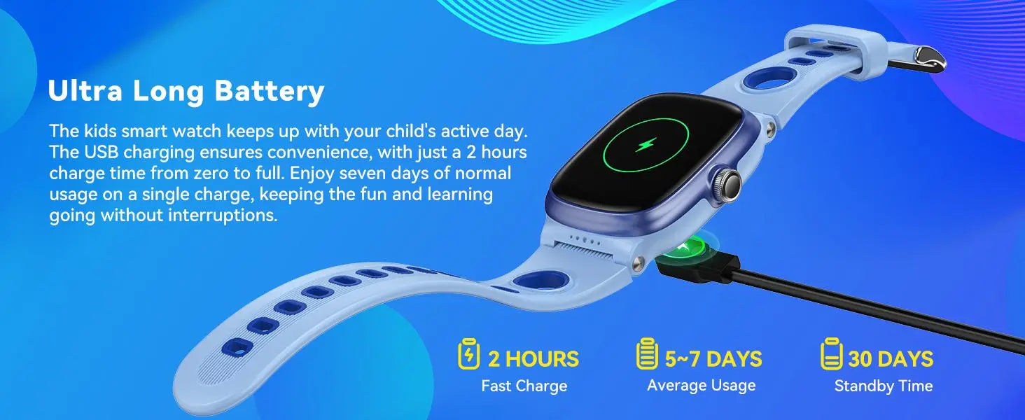 Light blue K1 kids waterproof smartwatch with fitness tracking features a silver bezel and matching light blue silicone strap with circular cutouts.