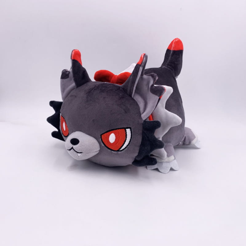 A plush toy cat stuffed animal for kids 25cm with a gray wolf-like design featuring red eyes and black and red spikes on its head and tail.
