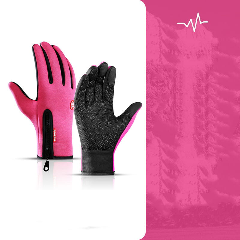 pink and black windproof touchscreen winter gloves for men and women with a textured grip on the palm shown from the back side