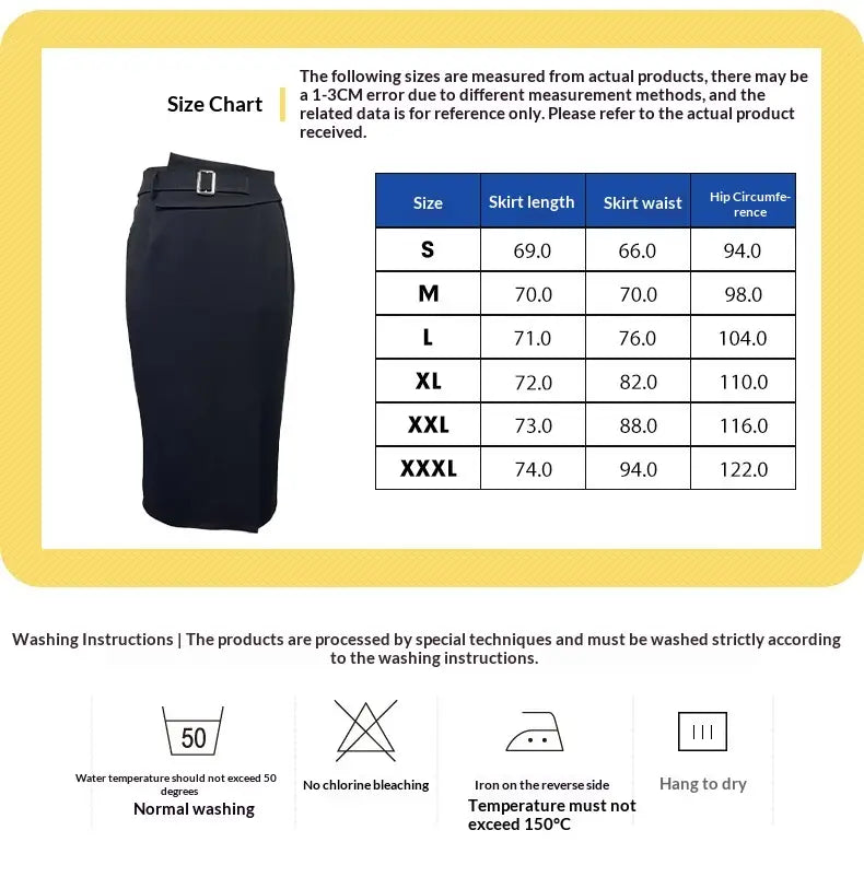 Black high waisted pencil skirt with a fitted waistband and belt loops featuring a silver buckle.