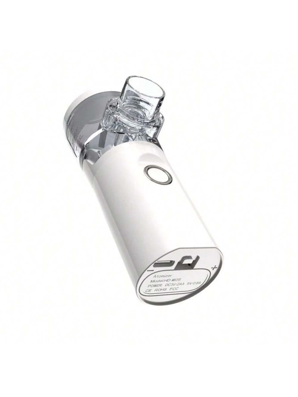 Portable rechargeable nano mist facial hydration nebulizer in white and transparent with a sleek cylindrical body and clear mouthpiece for handheld use.