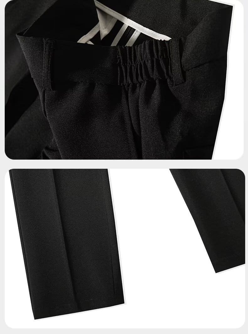 Pantalon de ville casual plissé pour hommes en tissu noir confectionné avec une taille élastique élégante et un fin détail de couture verticale.