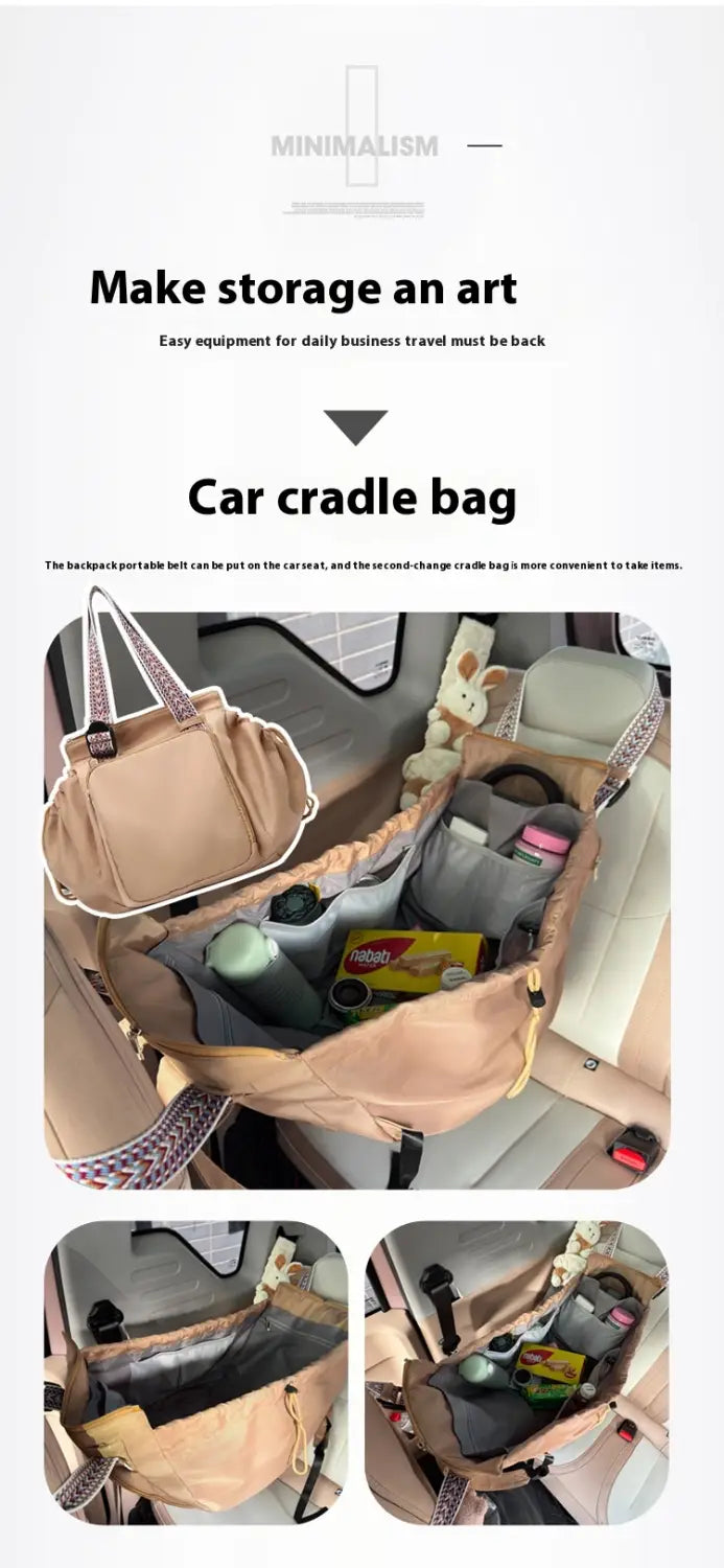 Beige multifunctional waterproof nylon tote and backpack with patterned straps and multiple compartments for organizing daily essentials.
