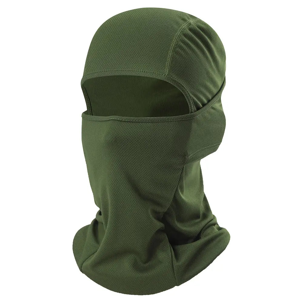 olive green breathable motorcycle balaclava made of mesh fabric featuring eye and nose openings for sun protection.