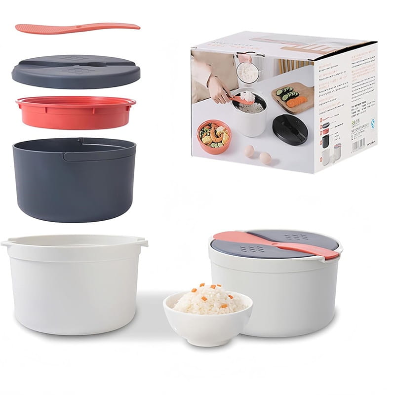 Microwave rice cooker 2l steamer in white with a gray lid and coral-colored strainer spoon included.