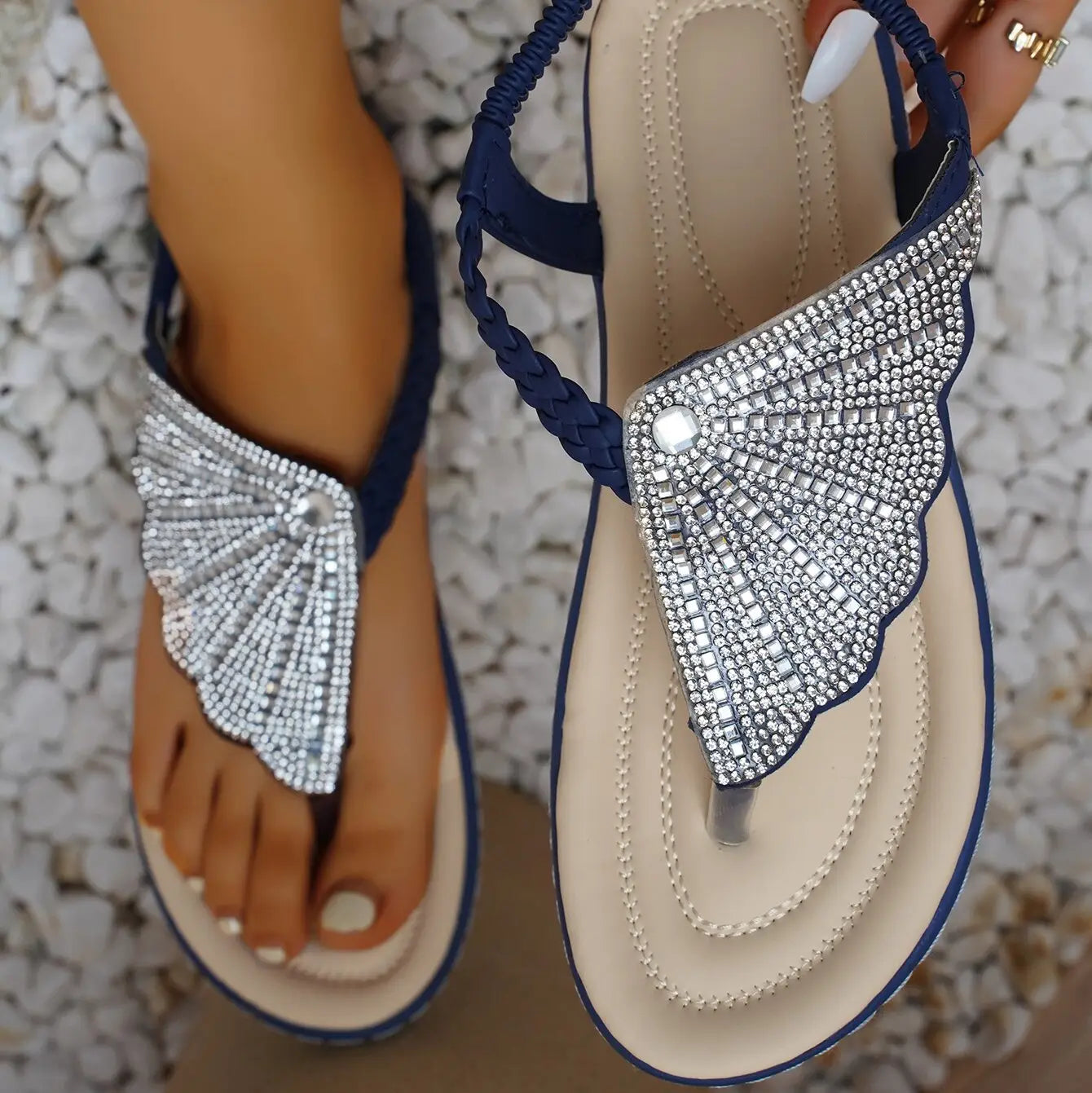 Navy blue rhinestone shell flip flop sandals for women featuring braided straps and silver rhinestone fan-shaped embellishments on the toe area ideal for summer beach wear.