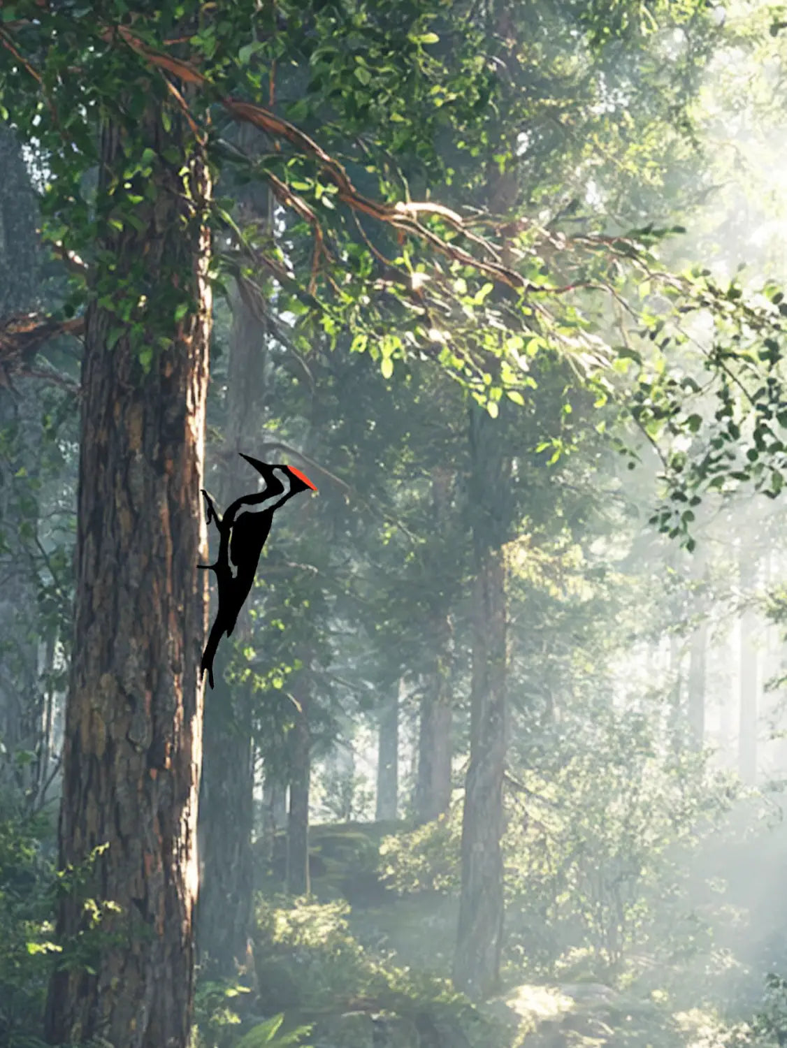 Metal woodpecker wall art features a black and red woodpecker with a white stripe on its head perched vertically on a tree trunk designed for outdoor garden decor.