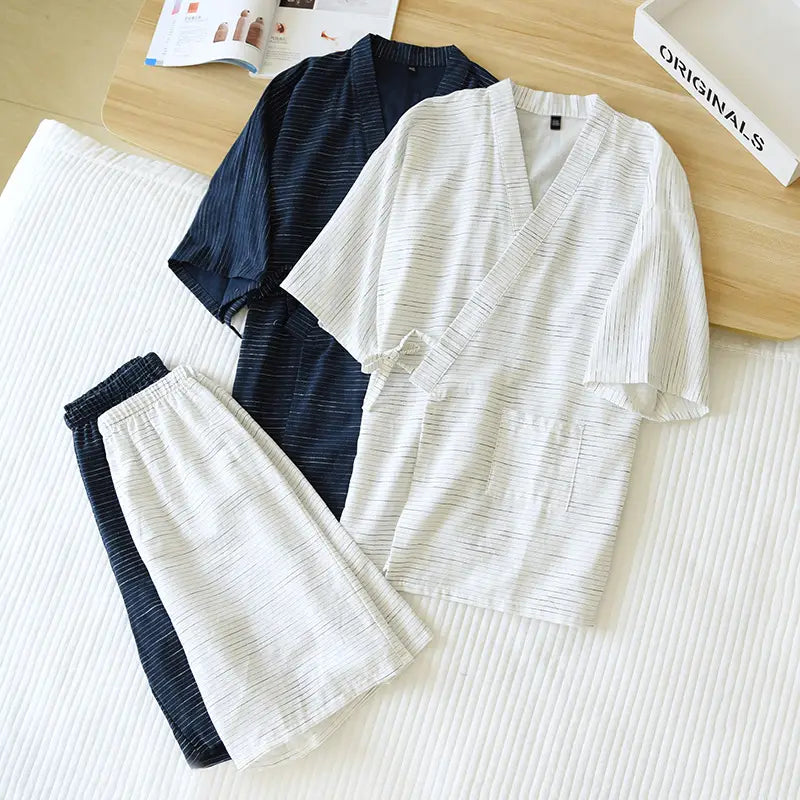 white and navy blue striped cotton kimono pajama set for men featuring short sleeves v-neck front tie closure and matching shorts