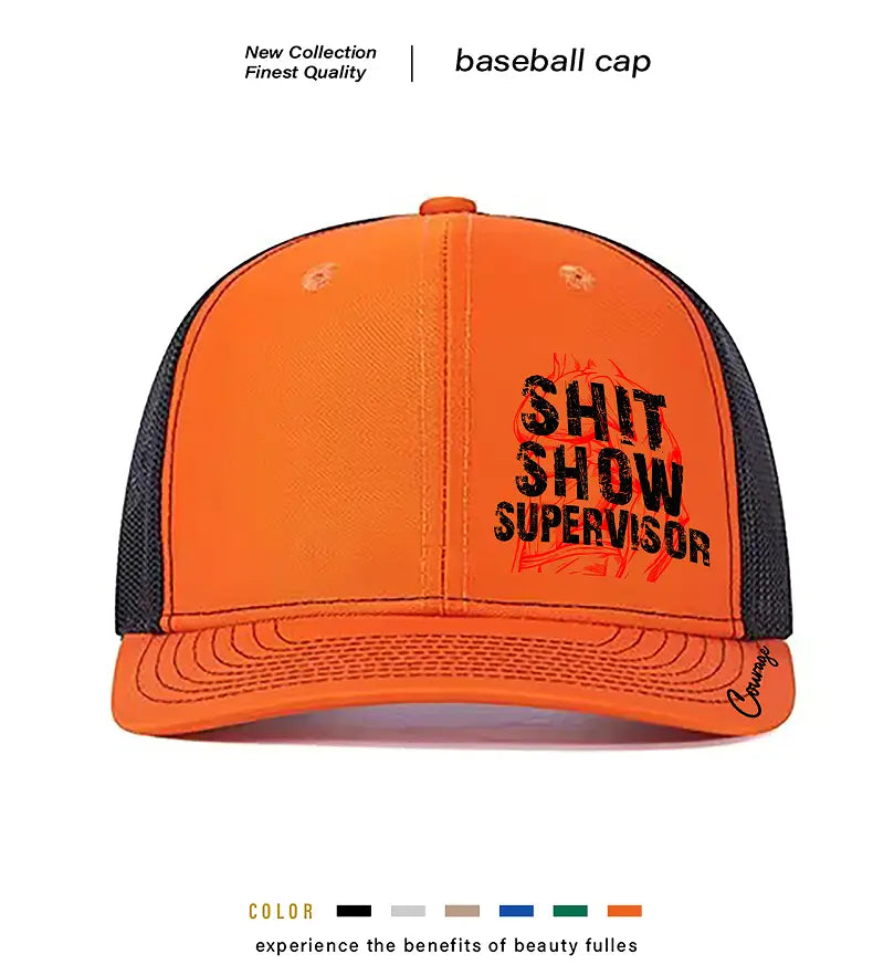 Vibrant orange and black mesh Shit Show Supervisor novelty trucker hat for men featuring a bold graphic design.