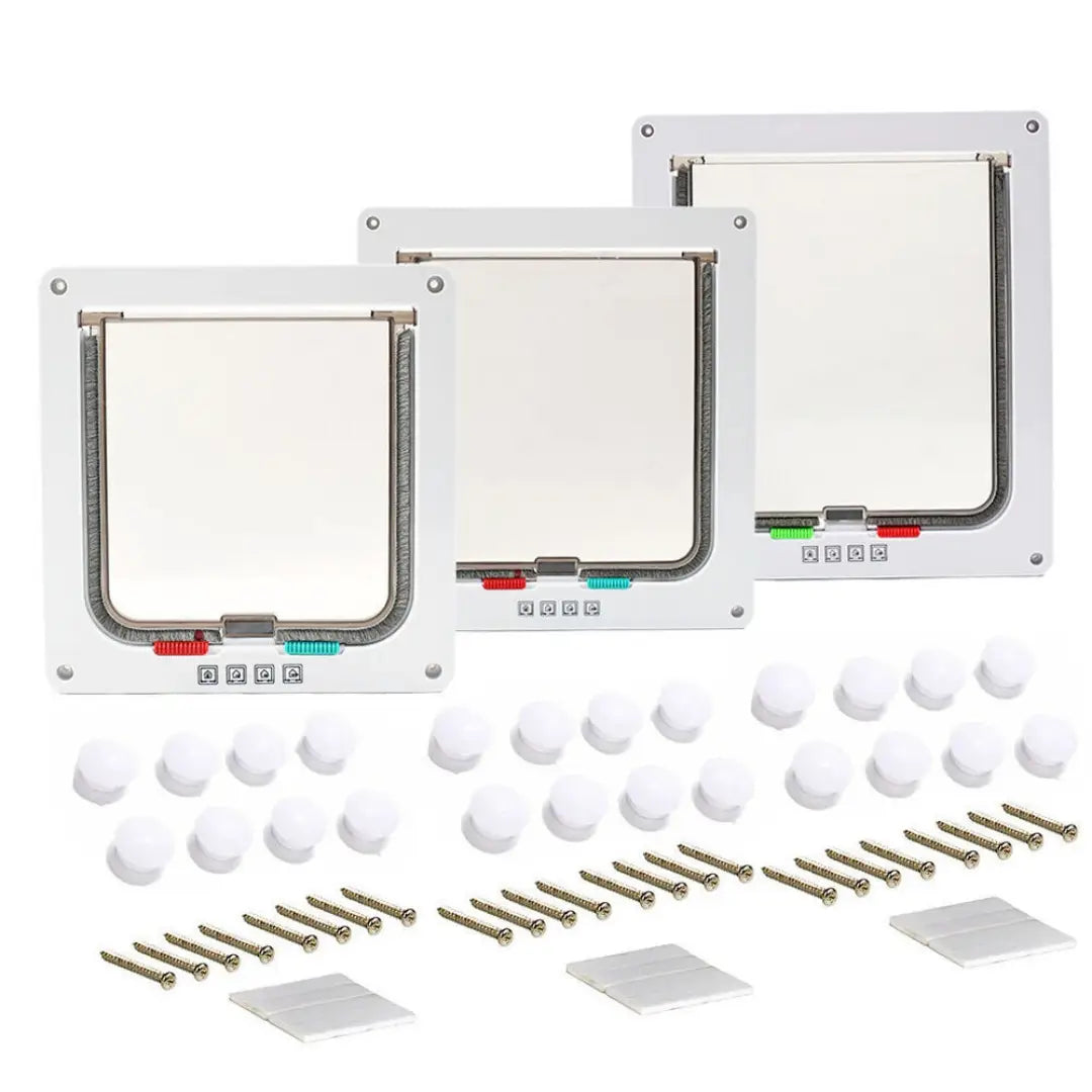 Three white xl pet door units with silver-framed magnetic locking flaps and colorful button controls shown with mounting hardware for dog and cat use.