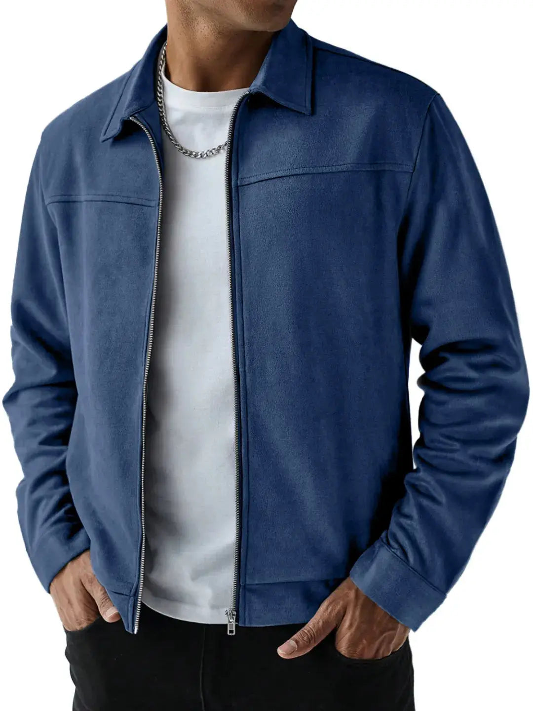 men suede bomber jacket in blue with a suede-like texture featuring a front zipper and collar