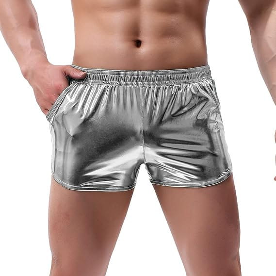 mens shiny metallic casual shorts in silver with a shiny finish and an elastic waistband for a comfortable fit
