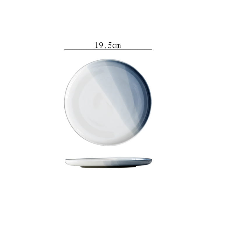 A sleek 19.5cm diameter ceramic gradient blue steak plate with a modern white to soft gray-blue design, glossy finish, and subtle rim detailing.