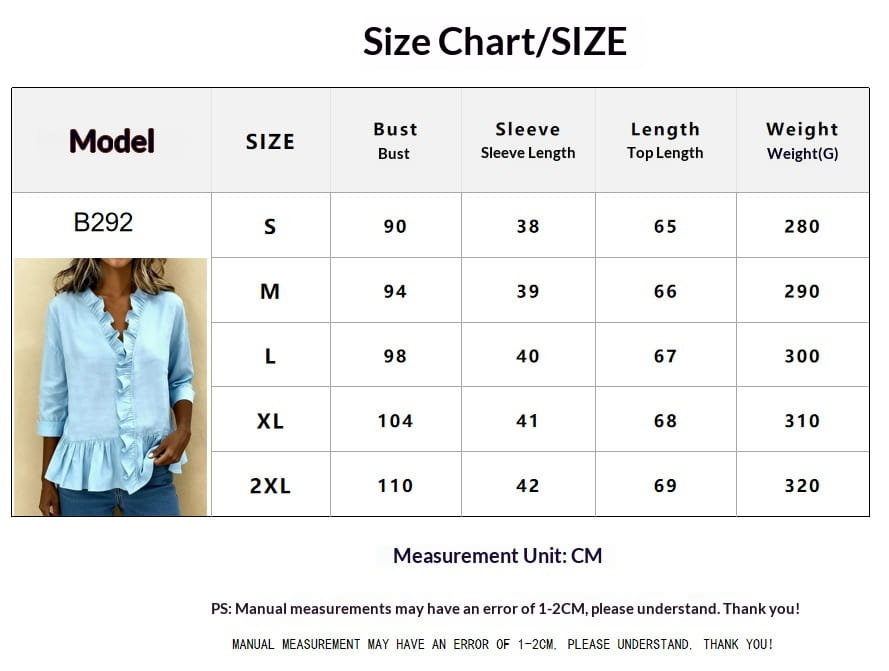 Light blue solid color ruffle hem peplum tshirt with three-quarter sleeves and button-down front.