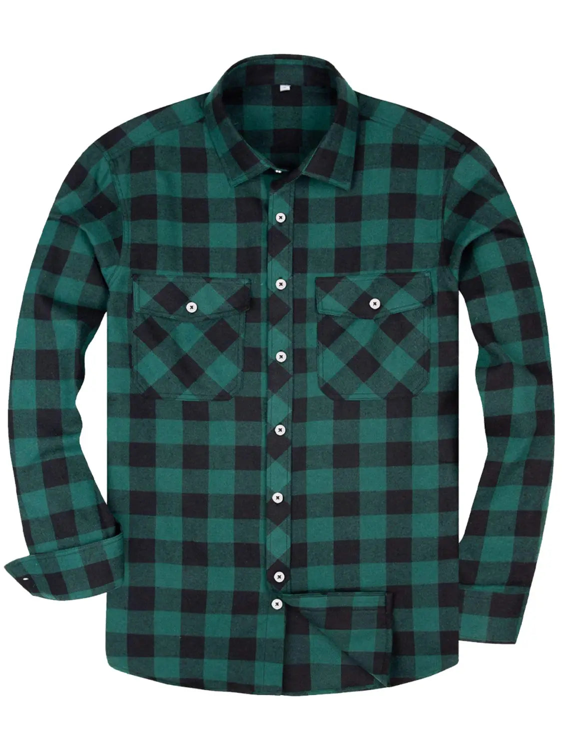 Men slim fit plaid flannel button up shirt featuring long sleeves in bold green and black plaid with two chest pockets and button closures.