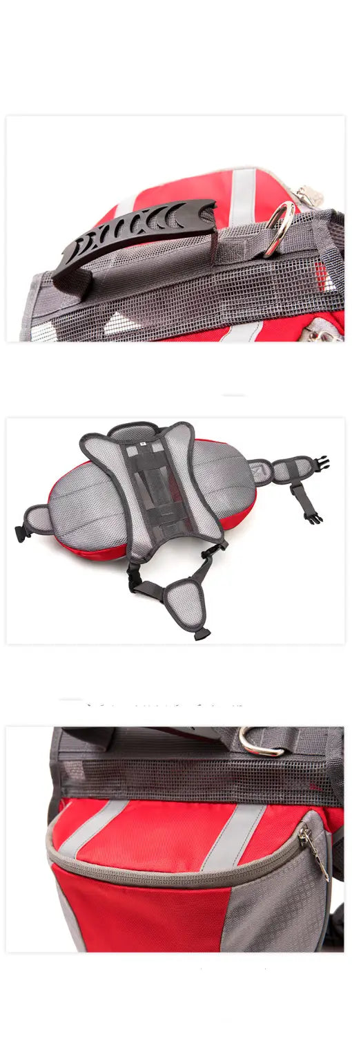 Dog backpack oxford cloth adjustable pet hiking bag in red and gray mesh with reflective stripes black padded shoulder straps and sturdy top handle shown from the back side.