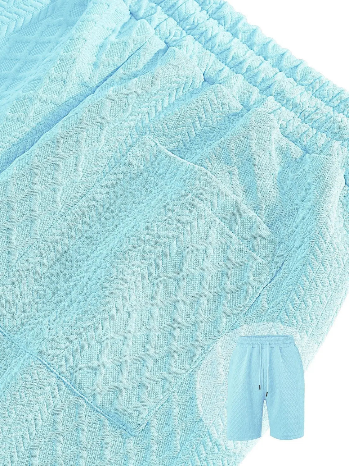 Light blue men’s textured short sleeve polo suit shorts with a quilted chevron pattern and elastic waistband