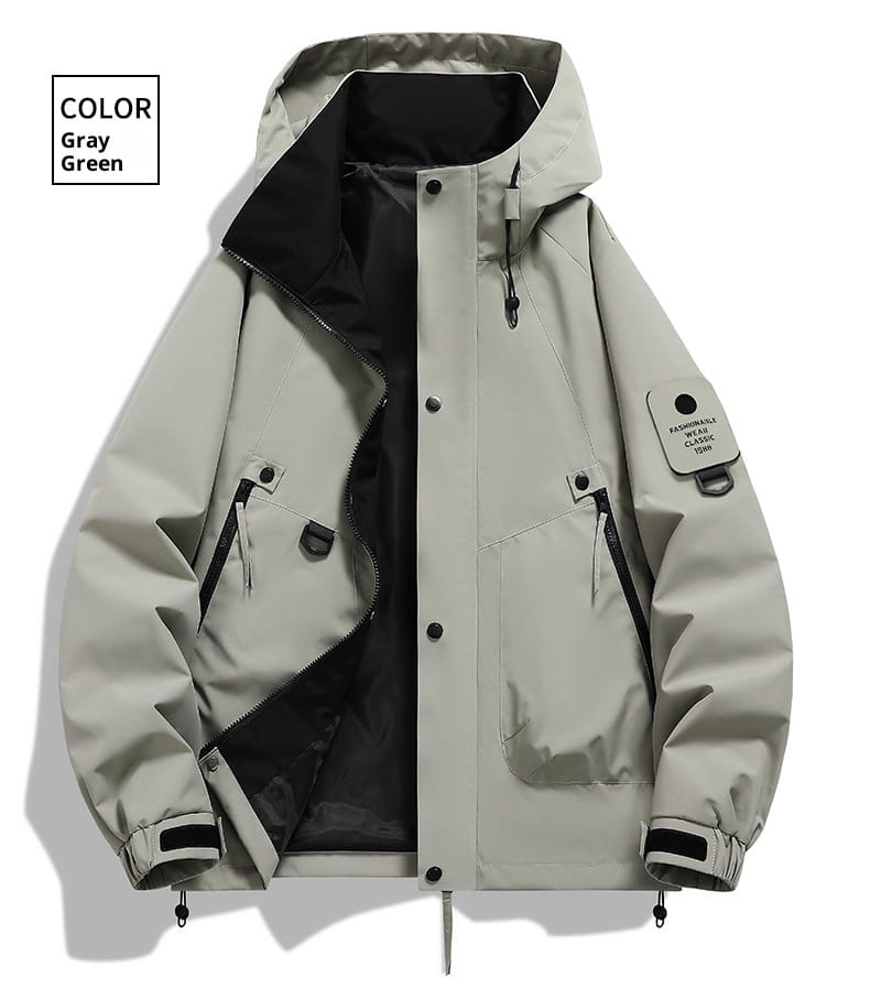 veste utilitaire à capuche moderne imperméable et coupe-vent pour homme, vert gris, avec doublure intérieure noire et poignets réglables.