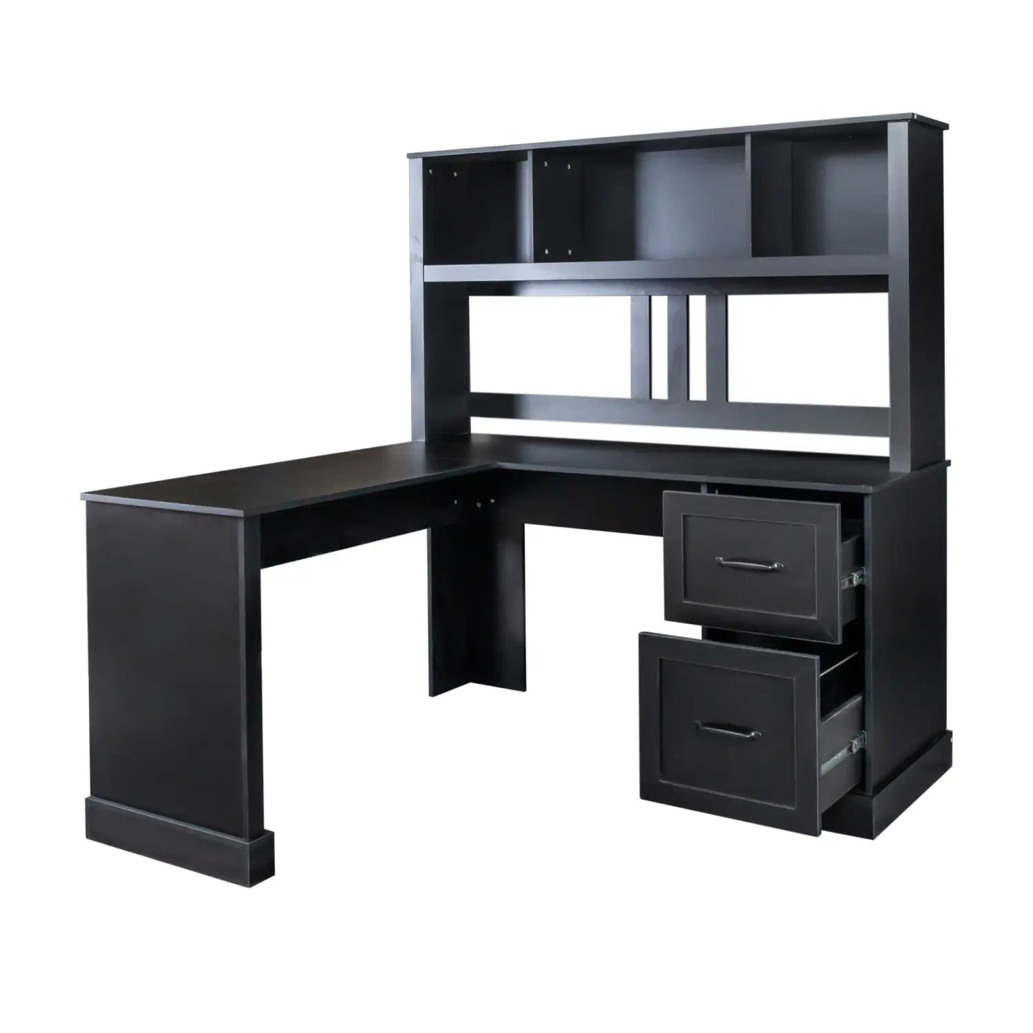 Bureau d’ordinateur en forme de L noir avec hutch assorti, comprenant des étagères ouvertes et deux tiroirs pour un rangement organisé de l’espace de travail.