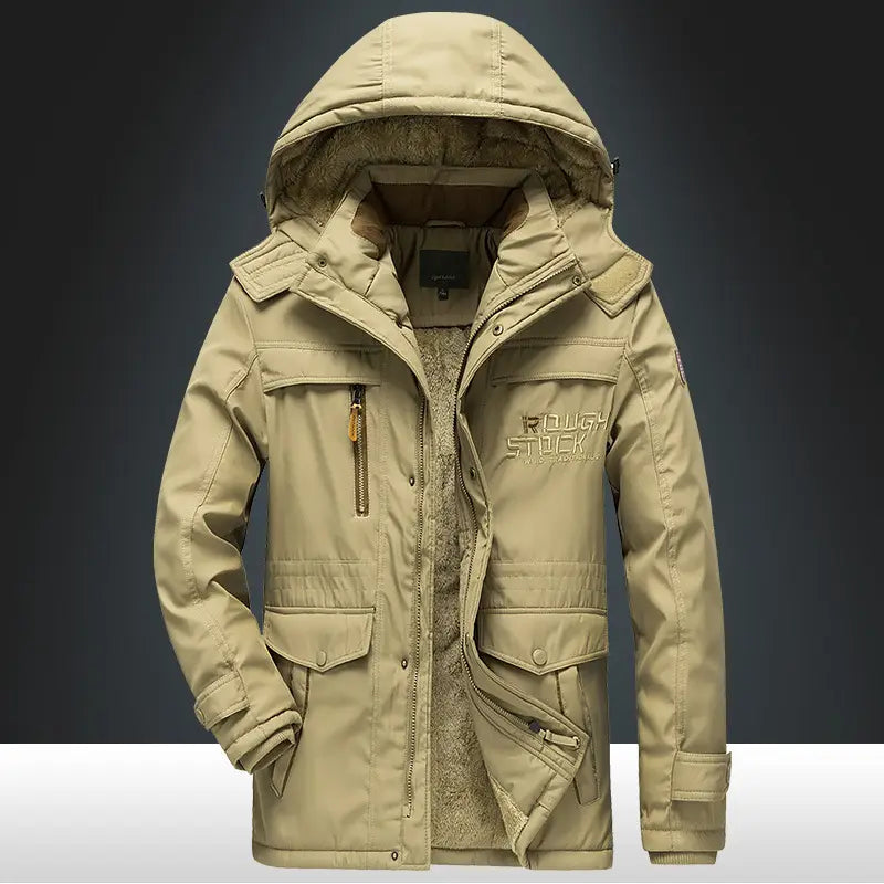 Beige thick padded winter parka jacket with a hood, plush fleece lining, multiple pockets, and the rough stock logo embroidered on the chest.